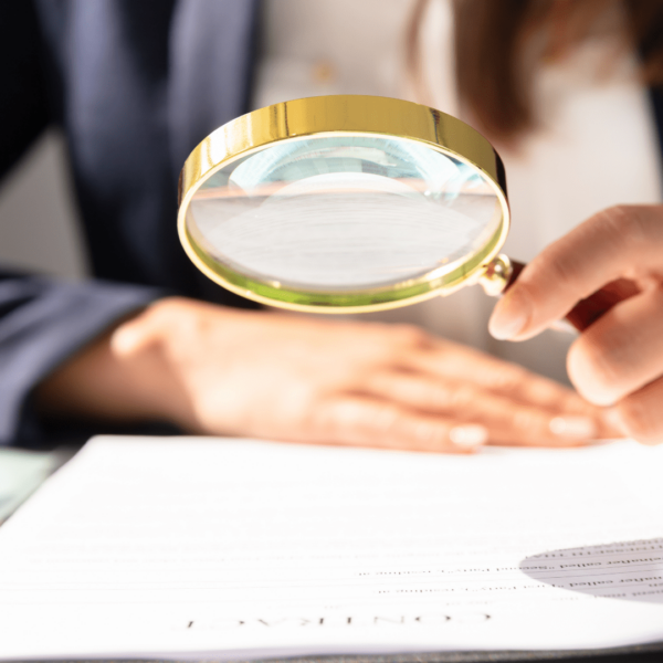 Une femme observe un contrat à la loupe.