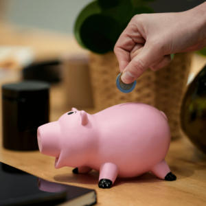 Une personne met une pièce de 2 euros dans un cochon rose.