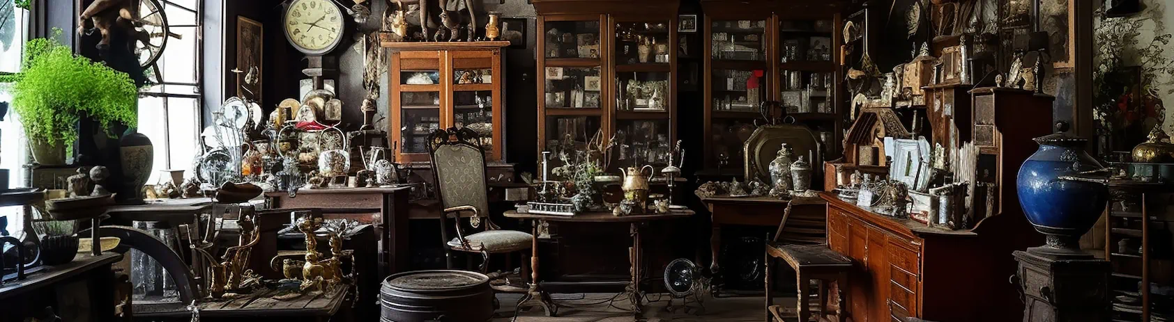 interior of an antique store with old vintage classical objects and furniture. generative ai