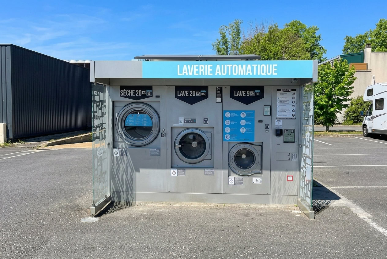 laverie automatique en parking ensoleillé