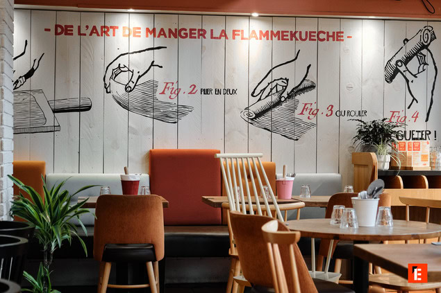 bistrot cosy avec mur pédagogique de flammekueche