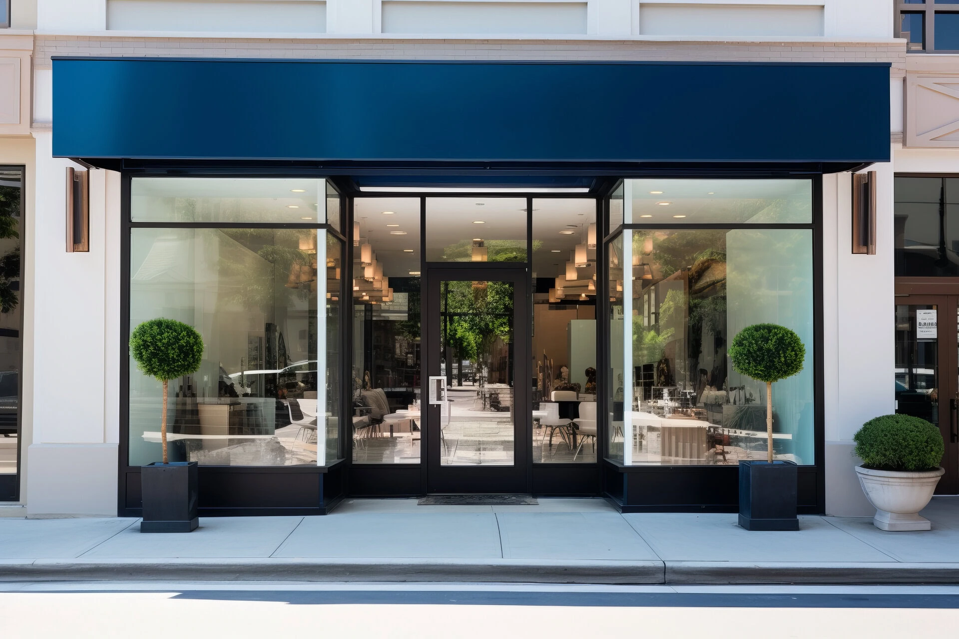 elegant restaurant entrance with glass facade and potted plants.