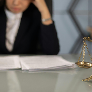 Une balance dorée devant une avocate.