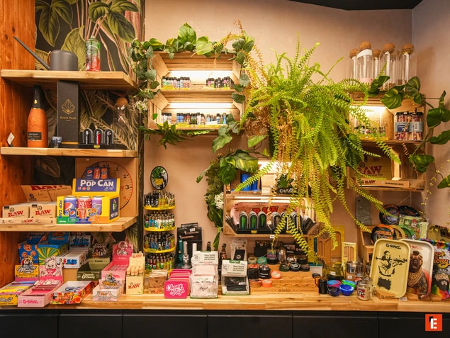 Espace de vente avec produits variés et plantes.