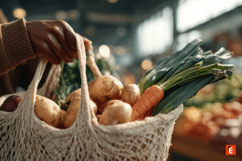 A hand holding a basket of fresh vegetables.