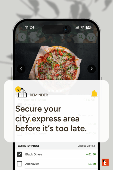 Pizza with toppings on a mobile app interface.
