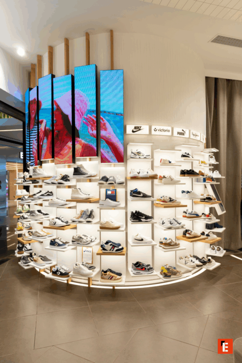 Exhibición de zapatos en una tienda moderna.