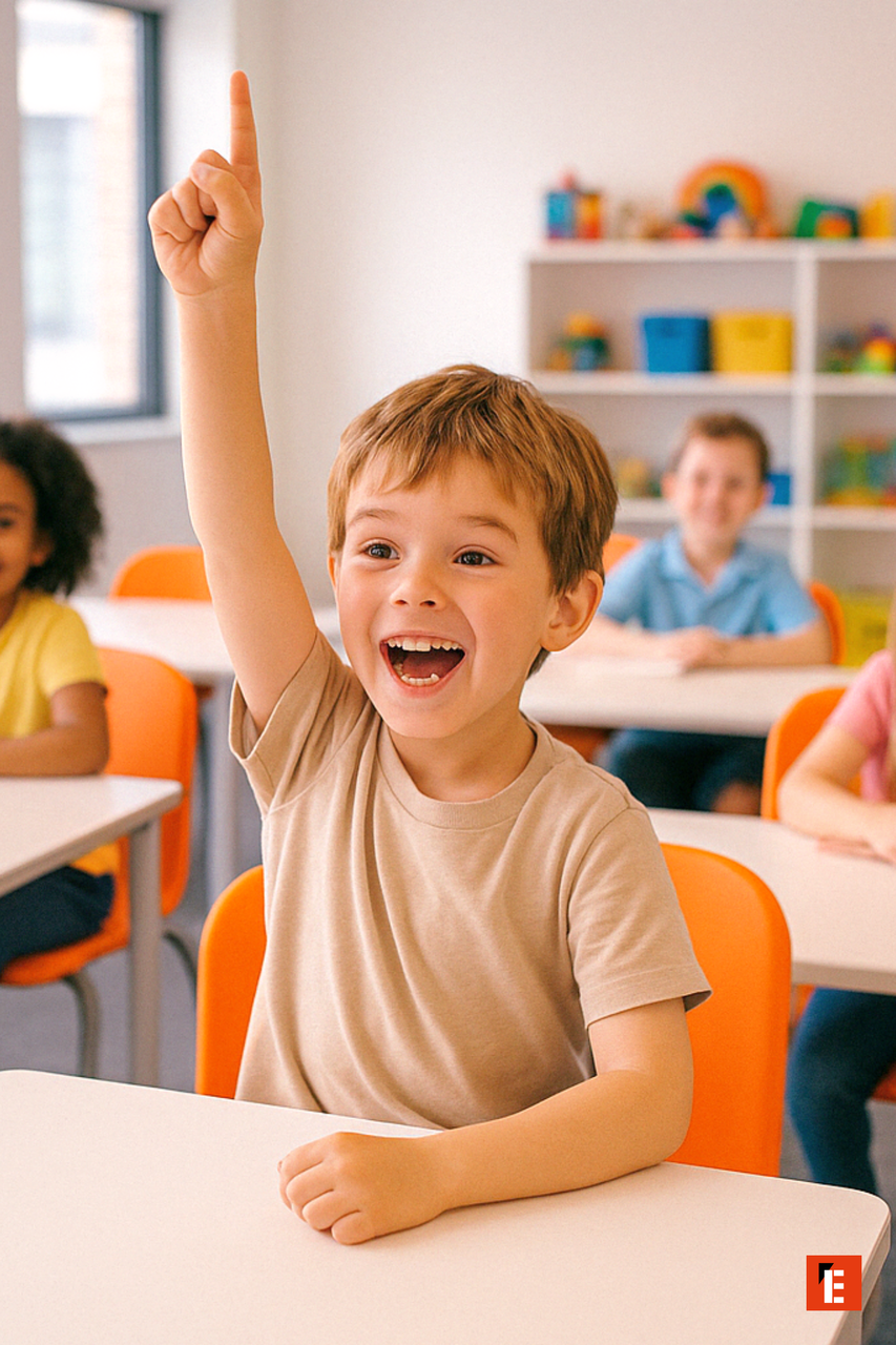 Niño levantando la mano en clase feliz.