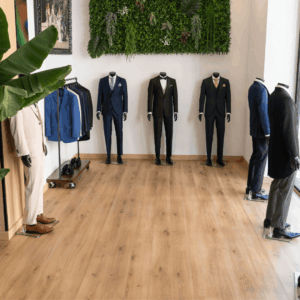 Tienda con trajes elegantes exhibidos en maniquíes.