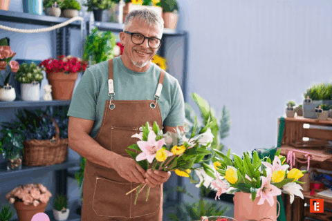 Hombre sonriente sosteniendo flores en taller.