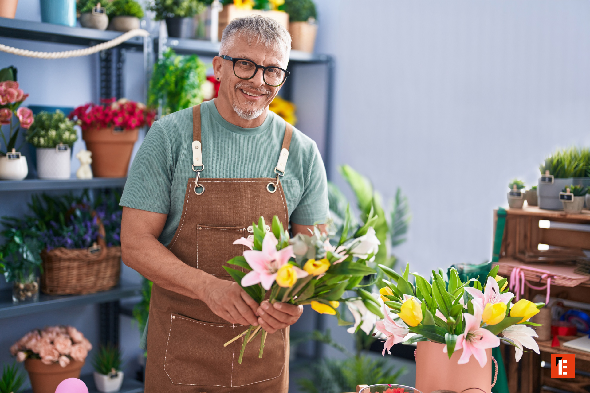 Hombre sonriente sosteniendo flores en taller.