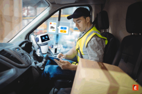 Un livreur interagit avec un robot dans un camion.