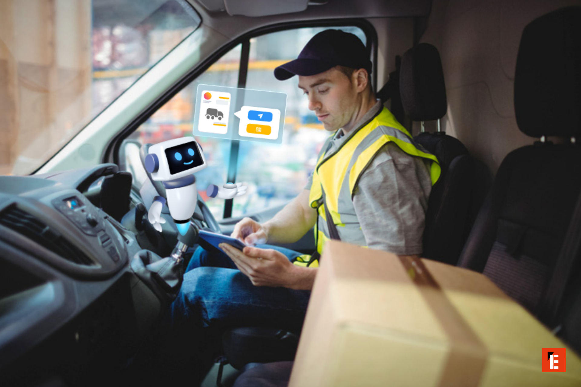 Un livreur interagit avec un robot dans un camion.