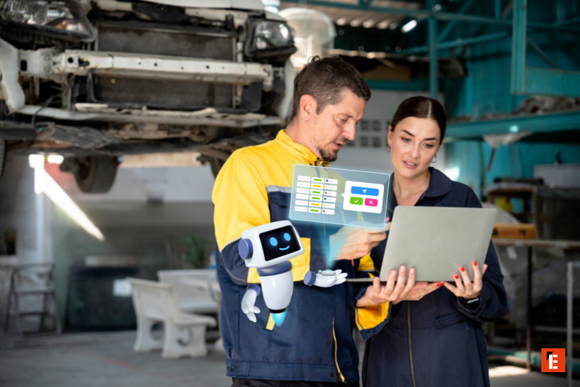 Techniciens discutant avec un ordinateur portable en atelier.