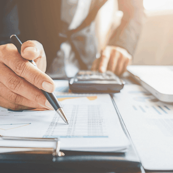 persona que observa datos en una hoja con un boli