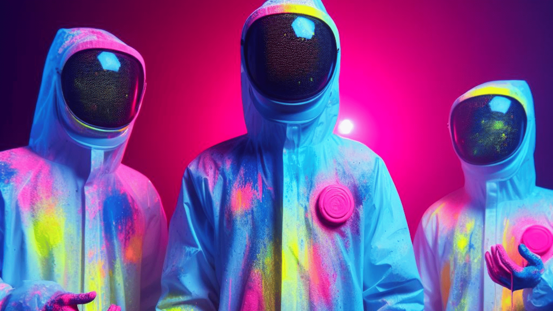 personas con traje de plástico y pintura