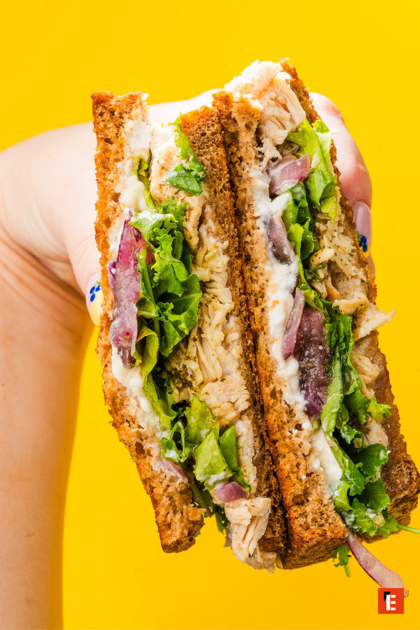 creamy shredded chicken sandwich on multigrain bread