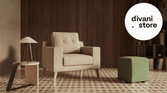 divano, tavolo e pouf dell’insegna Divani Store