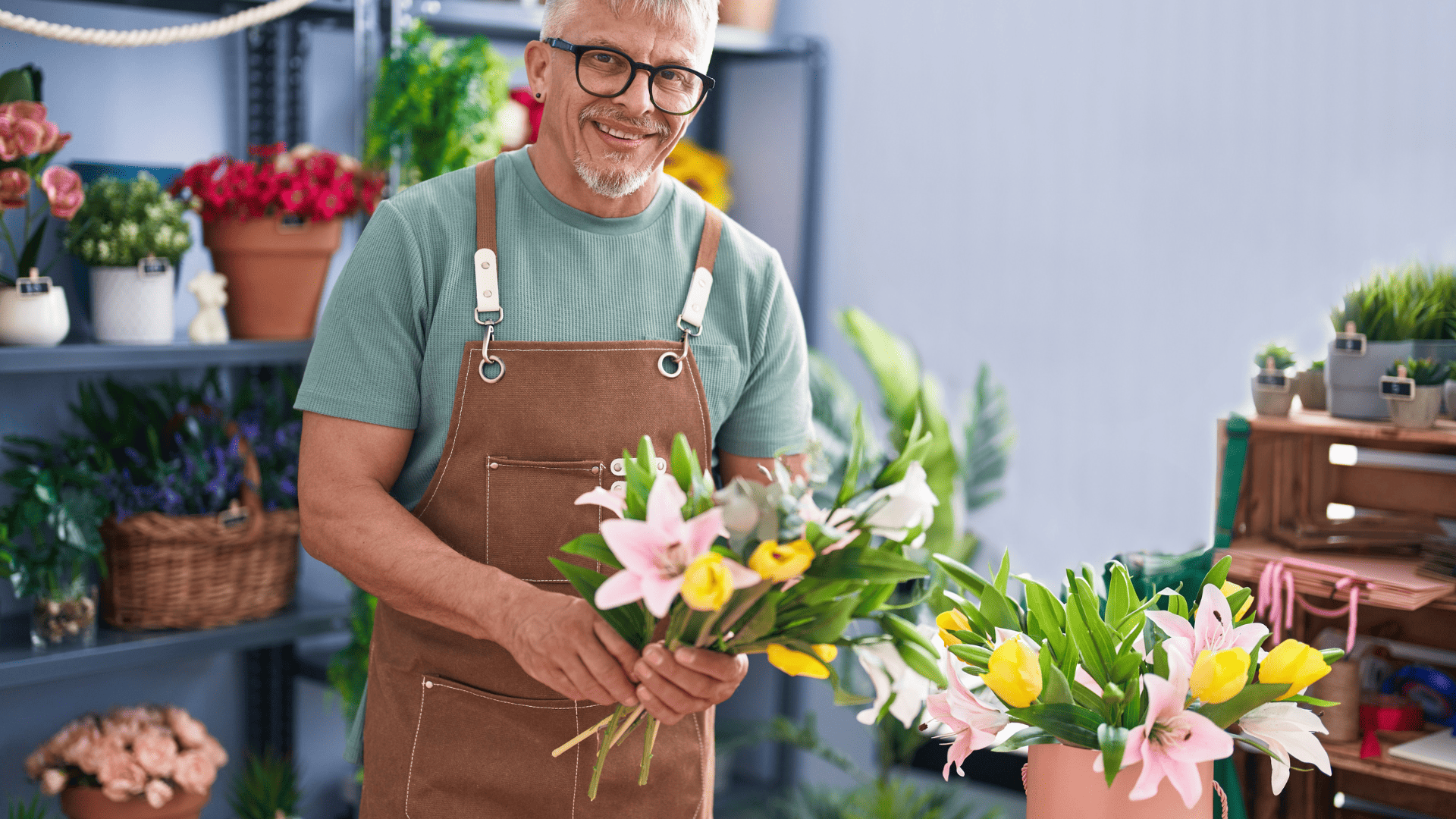 hombre con flores en floristería
