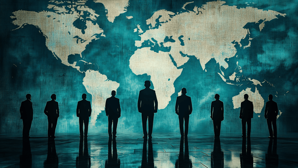 hombres de negro frente a un mapa