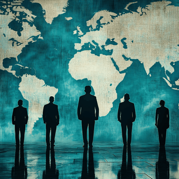 hombres de negro frente a un mapa