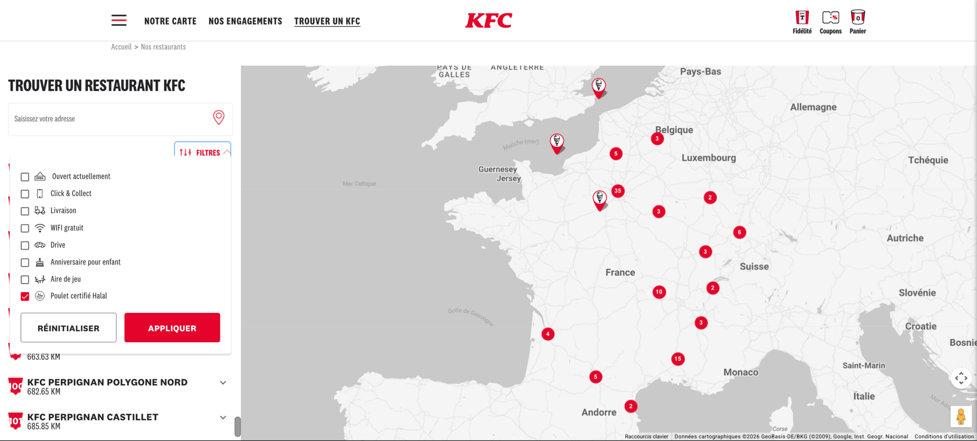 carte interactive kfc france : restaurants halal