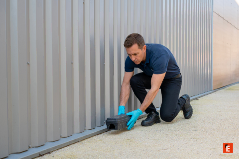 technicien posant boîte dappât contre mur métallique