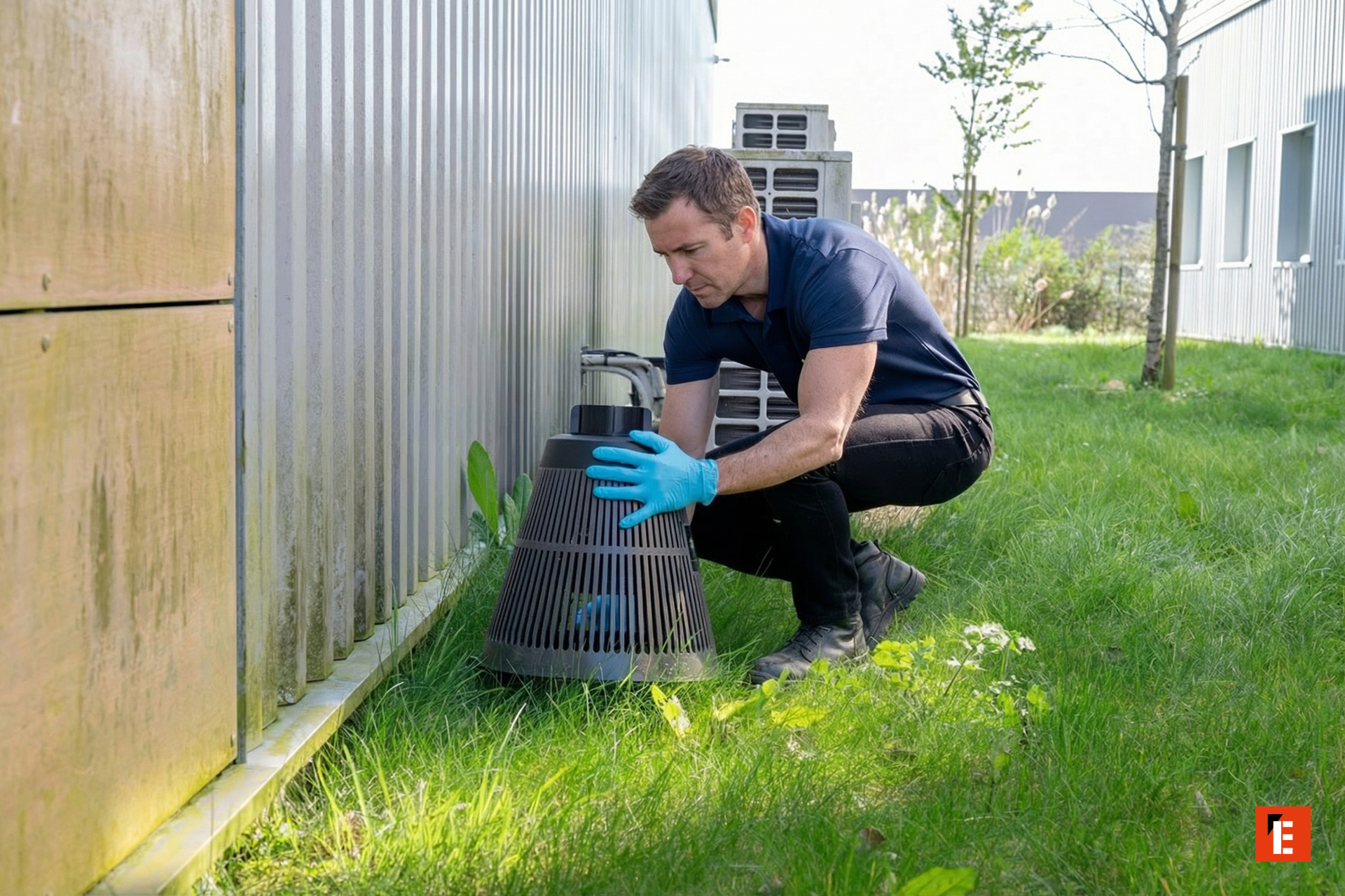 technicien aux gants bleus inspecte unité de climatisation