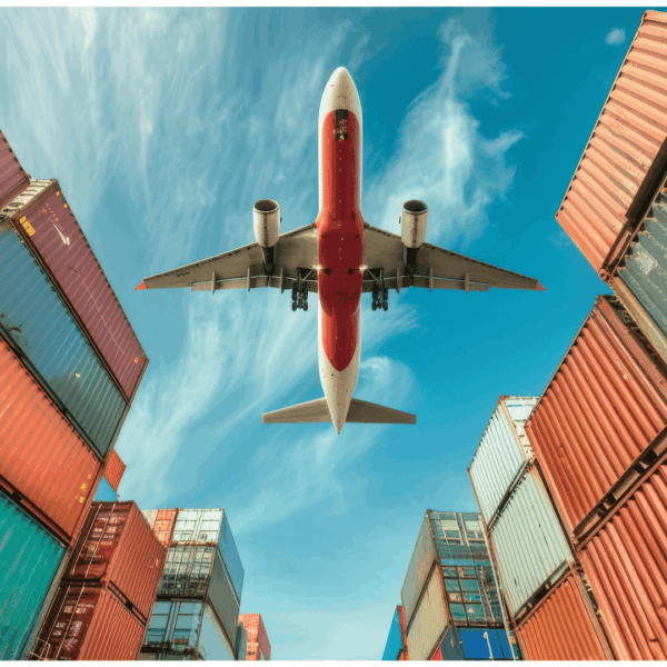 avión sobrevolando contenedores de mercancias