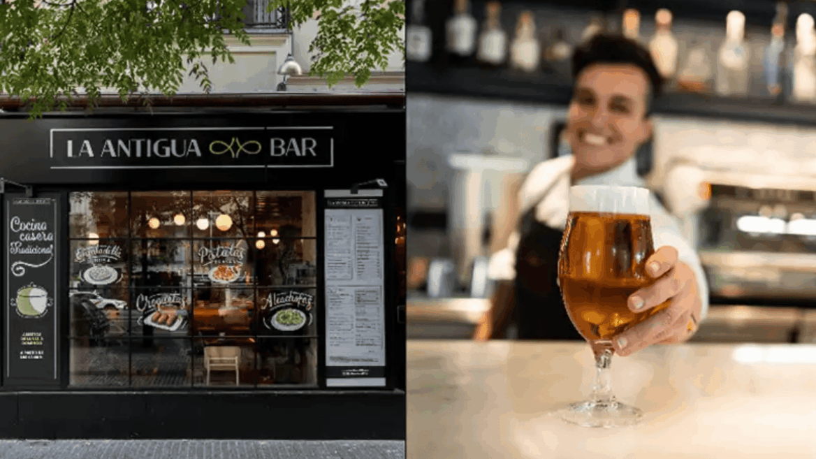 entrada bar la antigua y camarero ofreciendo cerveza