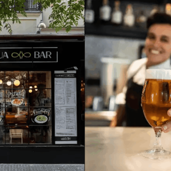 entrada bar la antigua y camarero ofreciendo cerveza