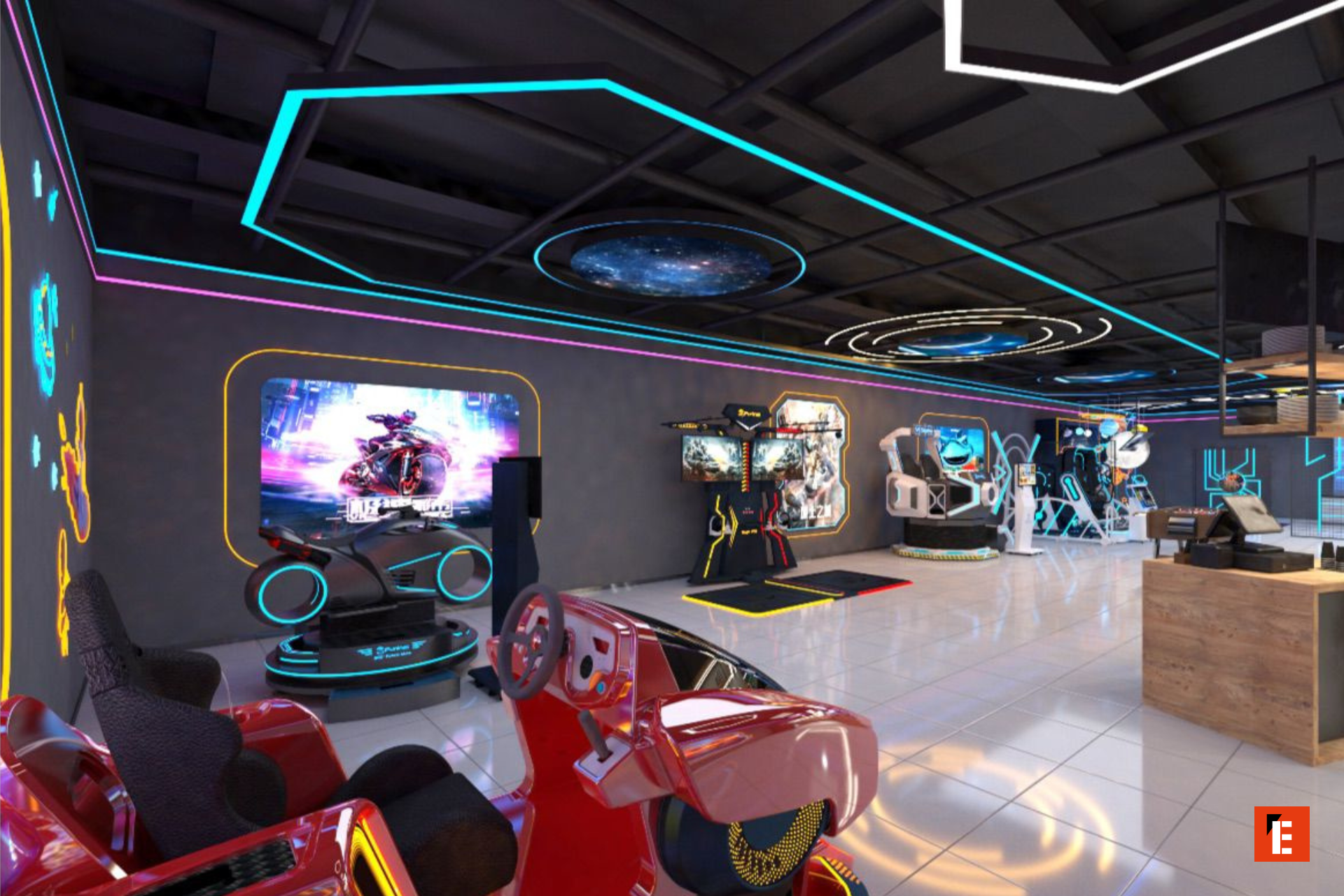 arcade vr futuriste avec simulateurs et néons