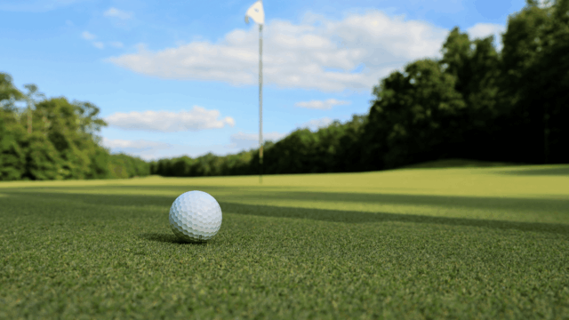 golf course with a white flag in the background and a golf ball in the foreground
