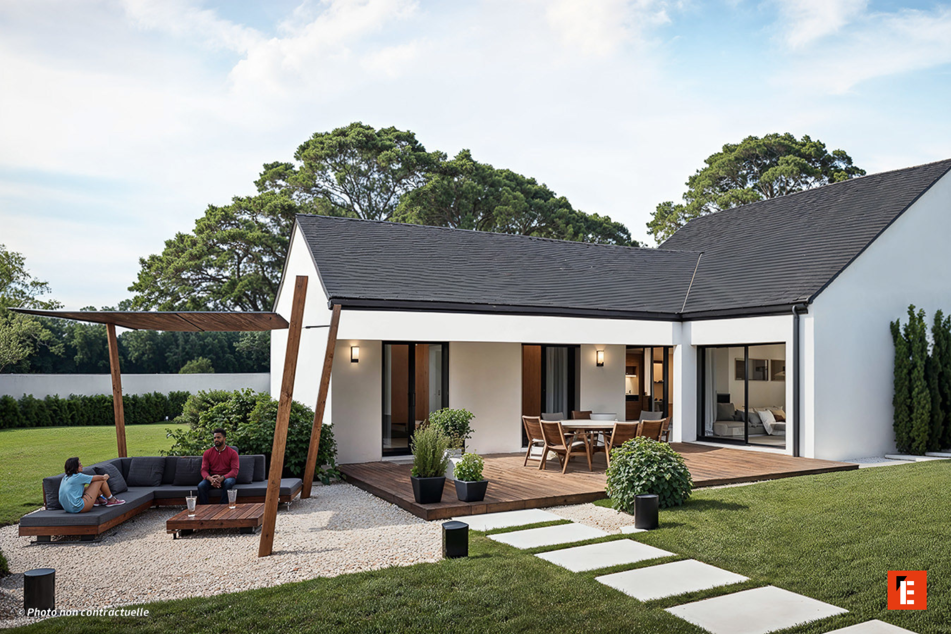 maison moderne avec terrasse bois et pergola