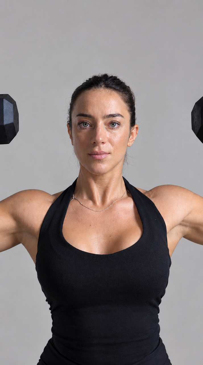 mujer fitness con mancuernas, mirada concentrada