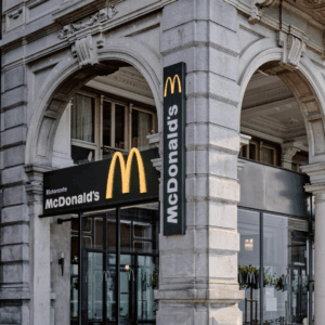 Front of a McDonald's, in an old building