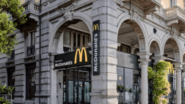 Front of a McDonald's, in an old building