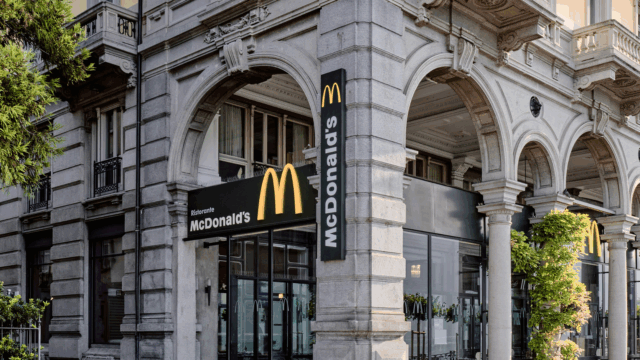 Front of a McDonald's, in an old building