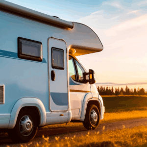 autocaravana al atardecer en camino rural