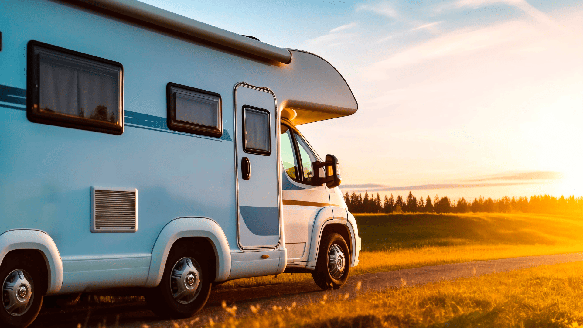 autocaravana al atardecer en camino rural