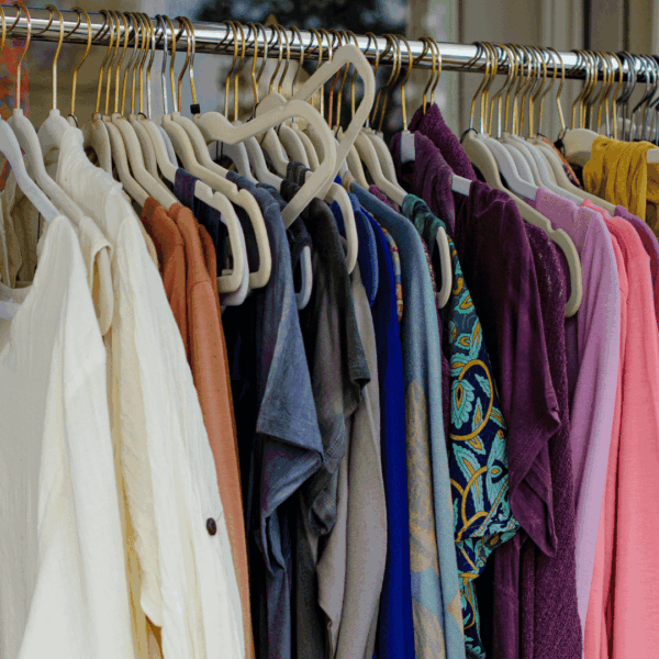 colorful boutique clothing rack with sale sign