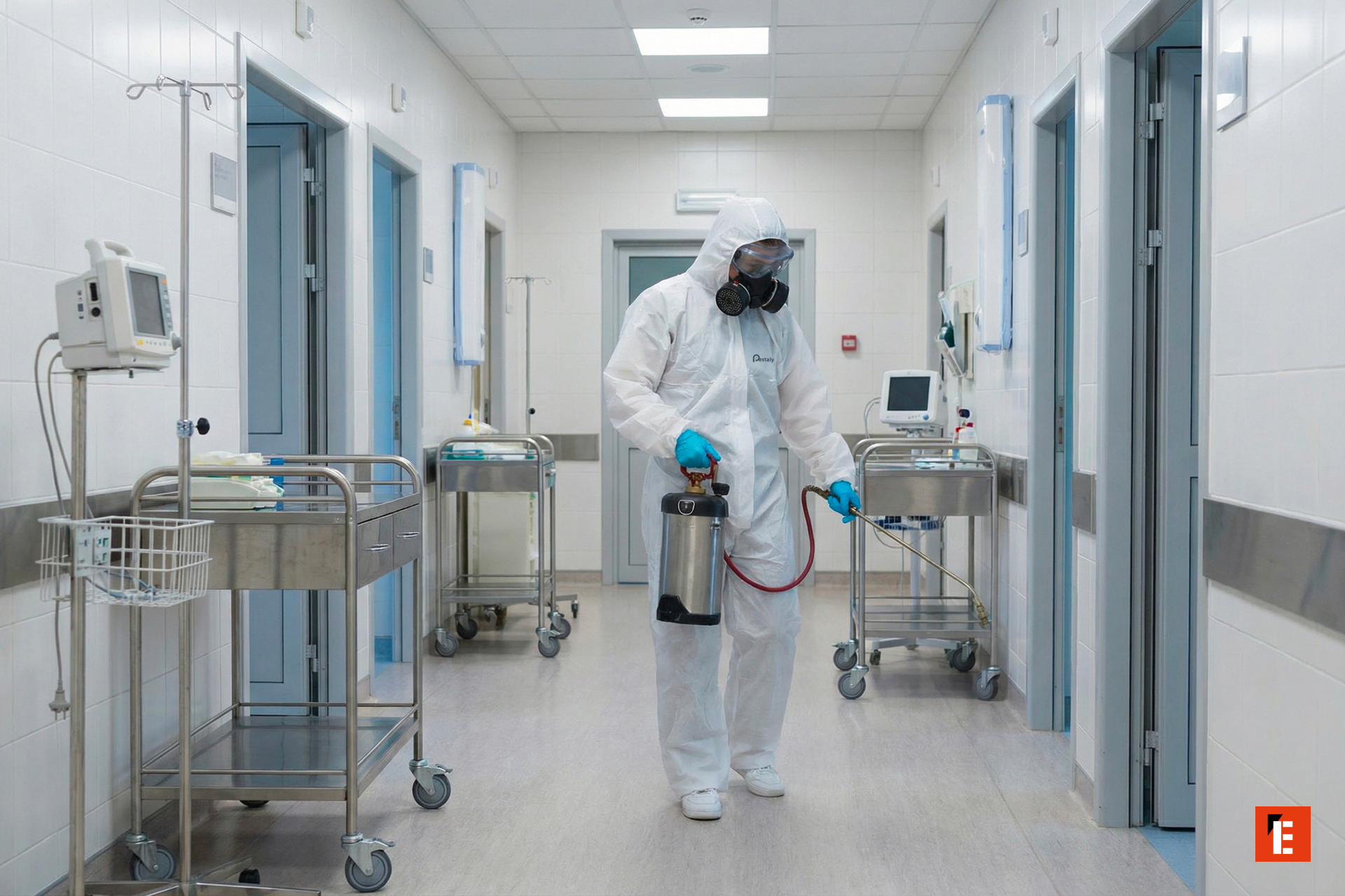 agent en epi désinfecte couloir dhôpital