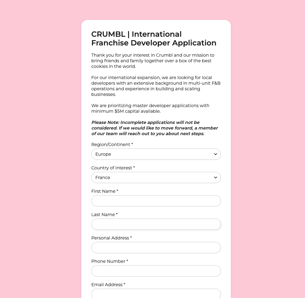 candidature développeur franchise crumbl international — france