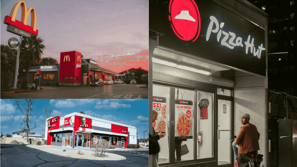 fast food facades day & night — mcdonalds, kfc, pizza hut
