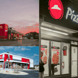 fast food facades day & night — mcdonalds, kfc, pizza hut