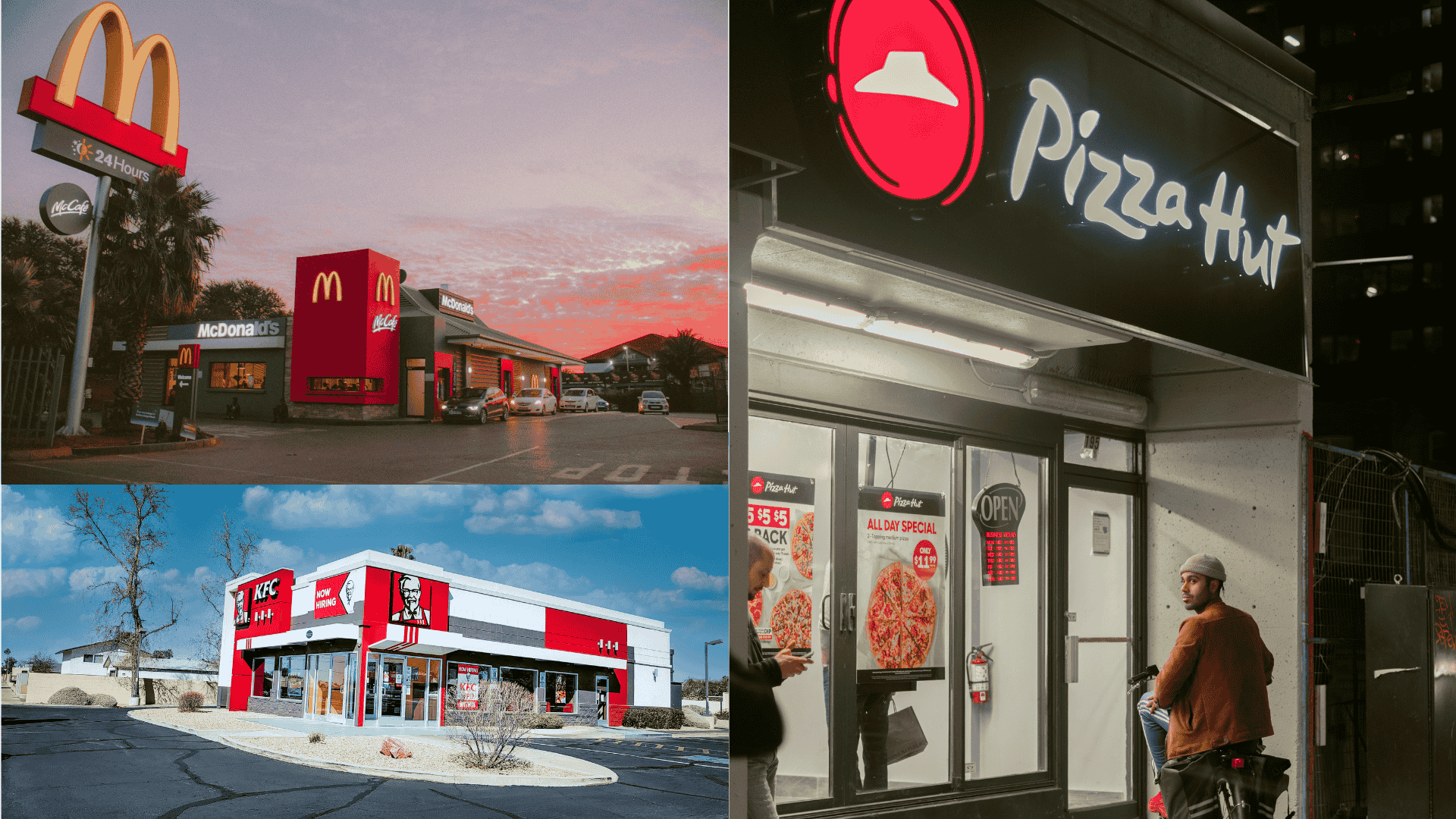 fast food facades day & night — mcdonalds, kfc, pizza hut