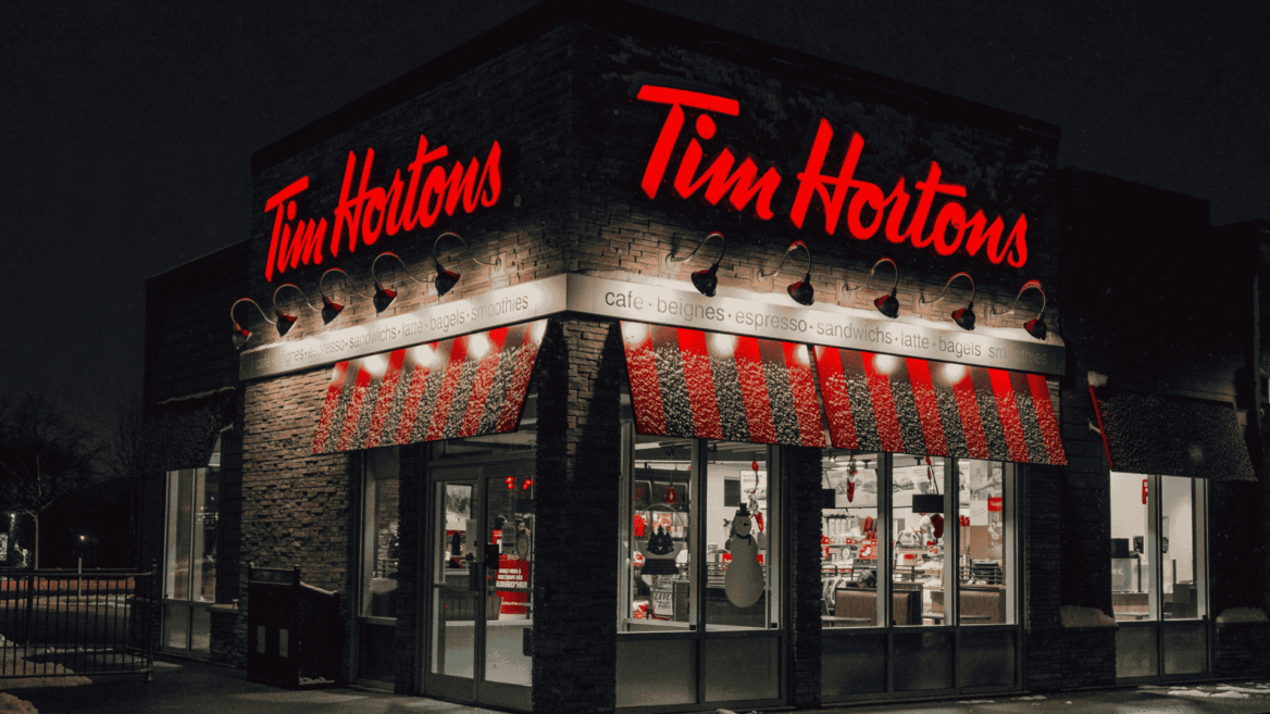 front of a tim hortons' location at night