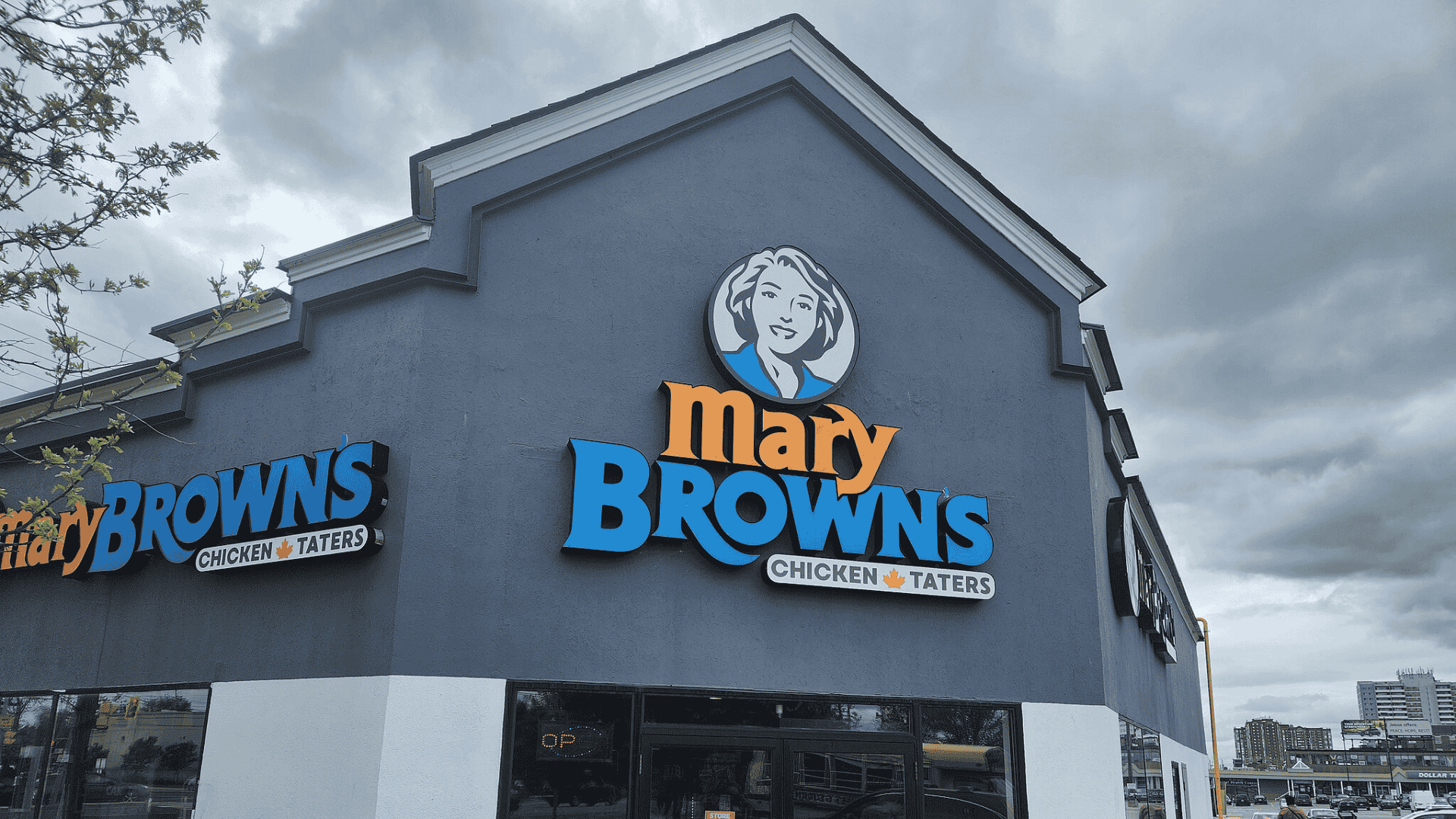 front of mary brown's restaurant in a canadian city