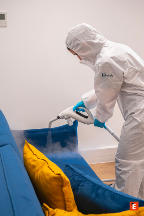 nettoyage vapeur professionnel du canapé bleu