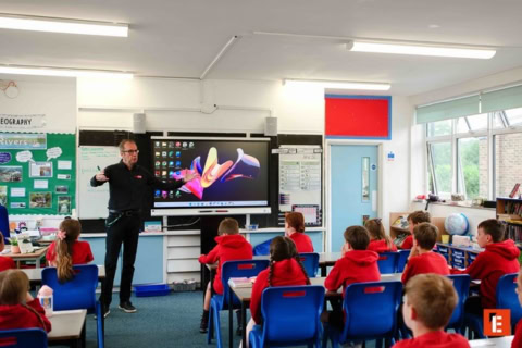primary school classroom with teacher and interactive display